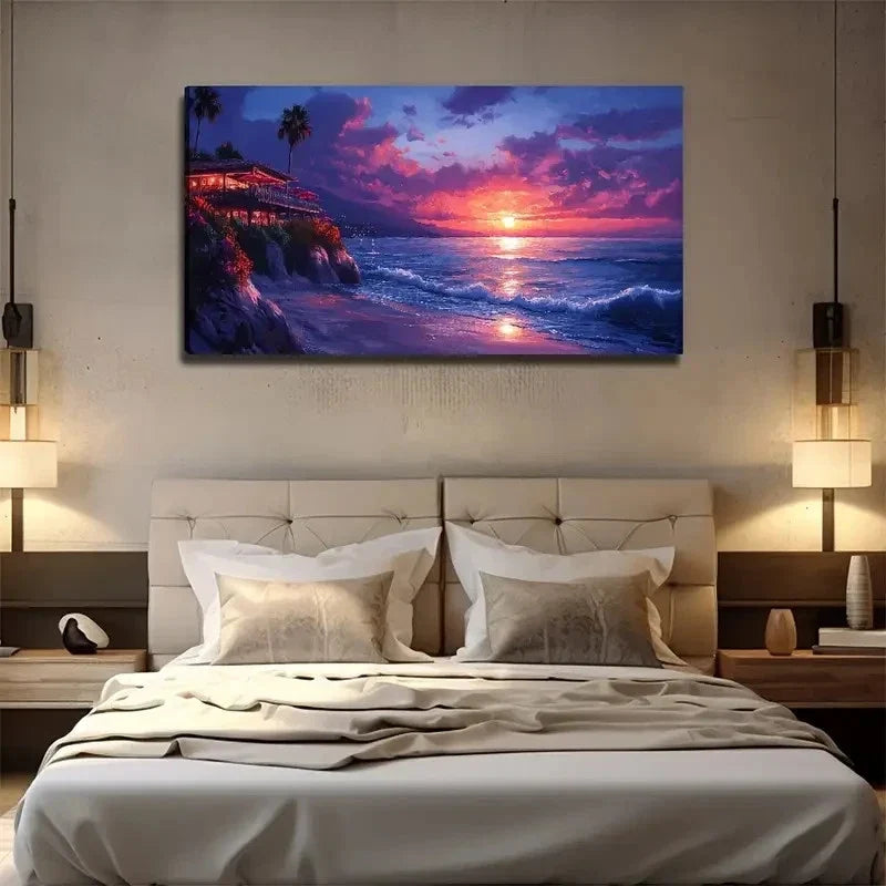 Sunset By Sea - Large Coastal Wall Art Canvas Office Home Room Framed 80x45cm