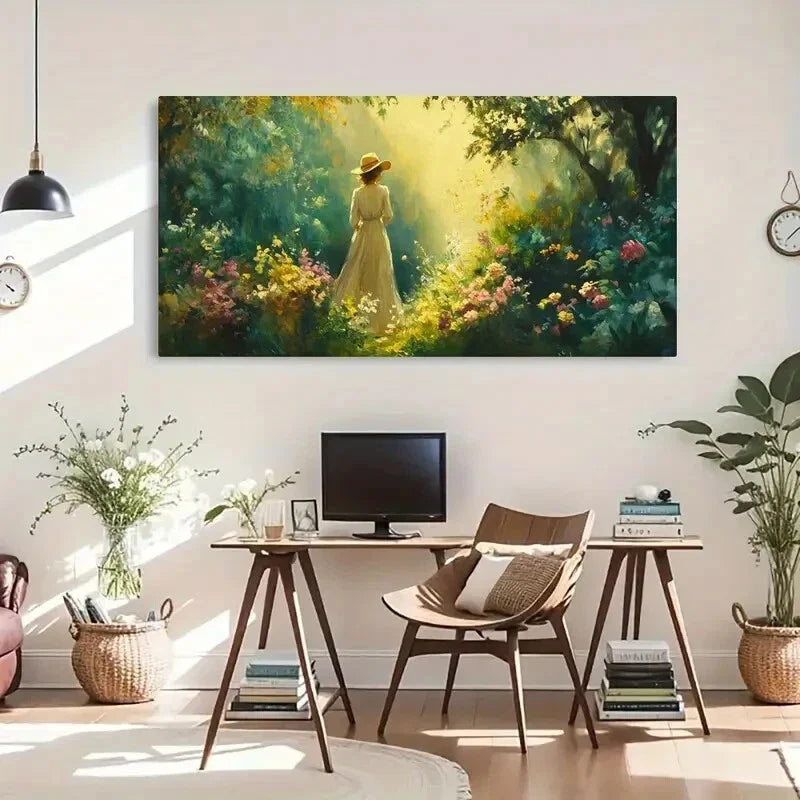 Peaceful Woman Sunlight Garden Wall Art Canvas Office Home Room Framed 80x45cm