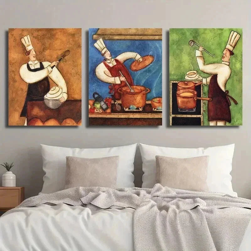 3pcs Vibrant Retro Chef Cooking-Themed Wall Art Set Canvas Framed 40x60cm - High Quality Print 100% Australian Made Wall Canvas Ready to Hang