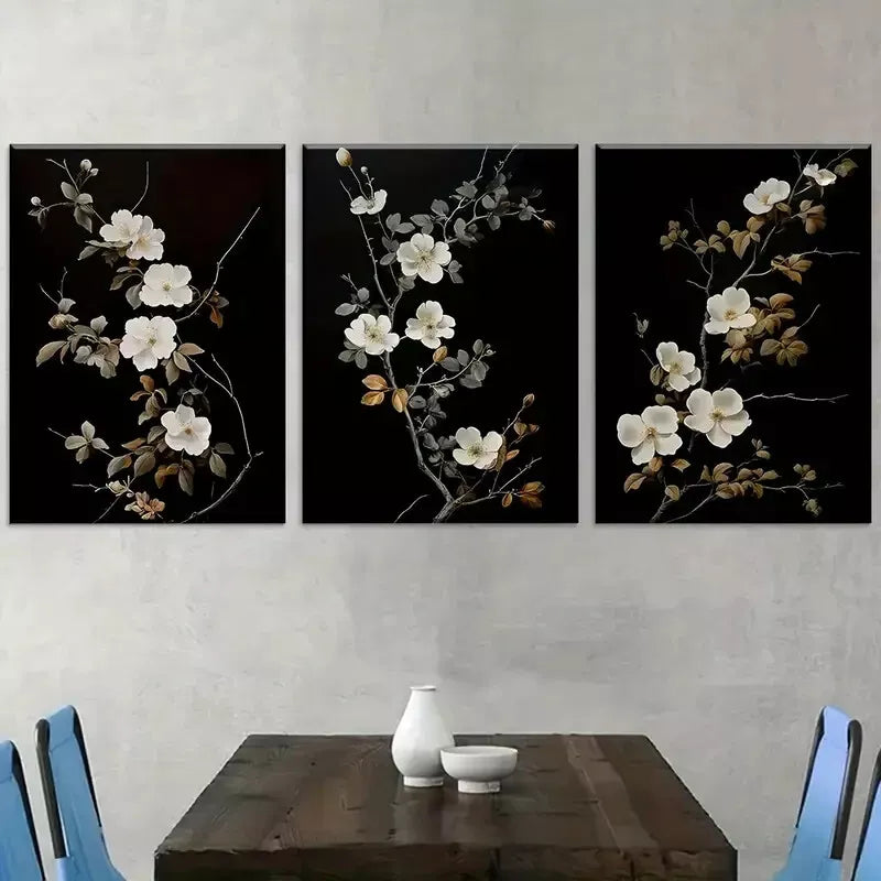 3pcs Modern Dark Simple Style Natural Flower Wall Art Set Canvas Framed 40x60cm - High Quality Print 100% Australian Made Wall Canvas Ready to Hang