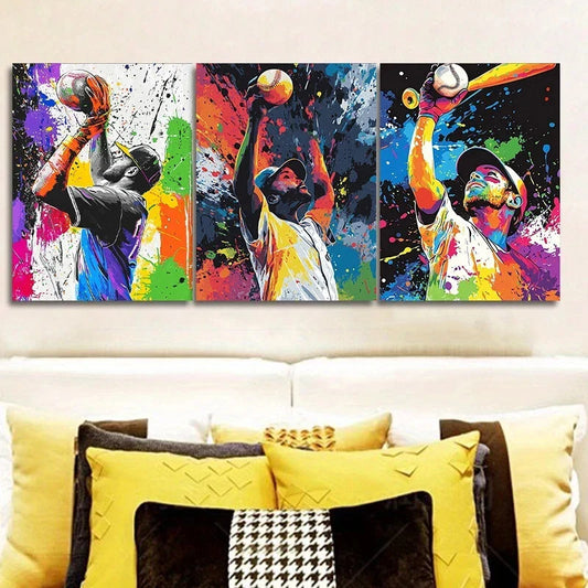 3pcs Man Playing Basket Ball Colourful Painting Metal Print Ready to Hang Art