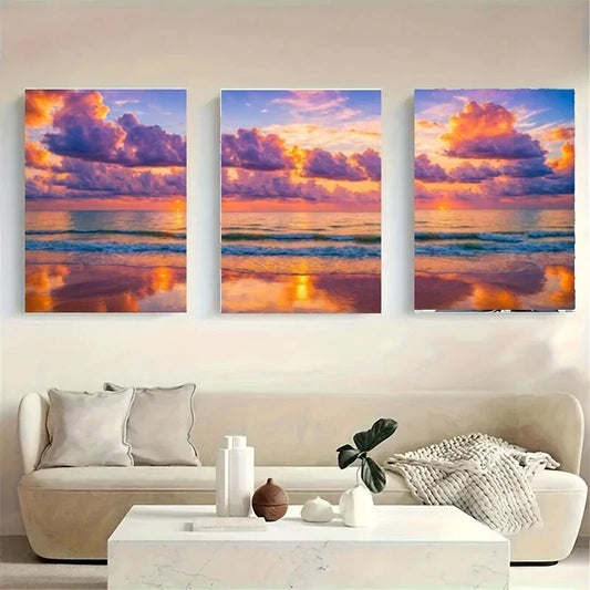 3pcs A Colorful Sunset Over The Ocean Metal Print Ready to Hang Art