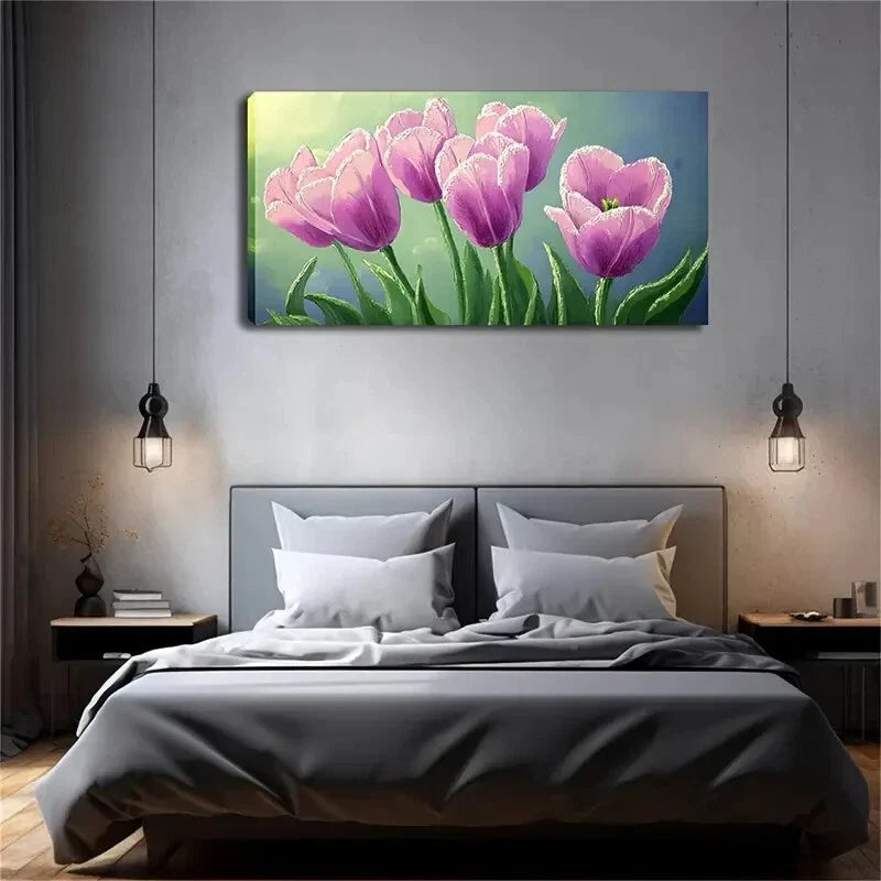 Realistic Purple Tulips Brush Wall Art Canvas Office Home Room Framed 120x60cm