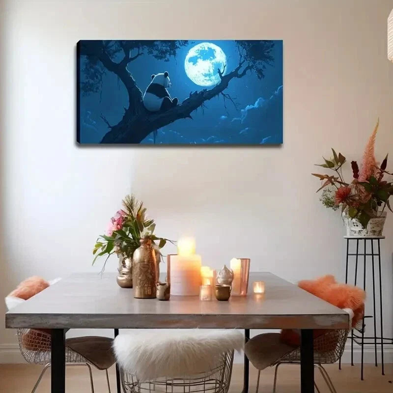 Panda Tree Branch Full Moon Wall Art Canvas Office Home Room Framed 120x60cm