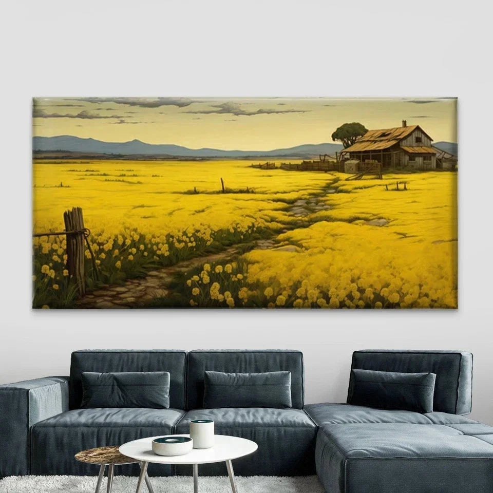 Flower Field & Rustic Farmhouse Wall Art Canvas Office Home Room Framed 120x60cm