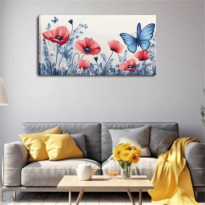 Red Poppies Blue Butterflies Wall Art Canvas Office Home Room Framed 120x60cm