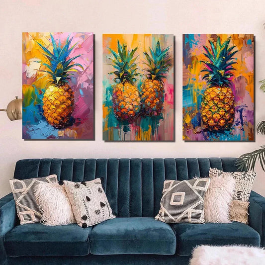 3pcs Orange Pineapple Oil Painting Metal Print Ready to Hang Art