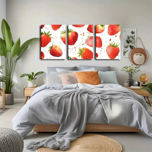 3pcs Vibrant Red Strawberries with Green Leaves Wall Art Set Canvas Framed 40x60cm - High Quality Print 100% Australian Made Wall Canvas Ready to Hang