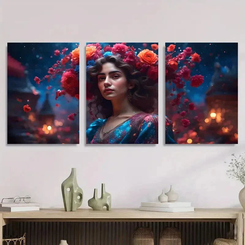 3pcs Ethereal Floral Crowned Woman Metal Print Ready to Hang Art