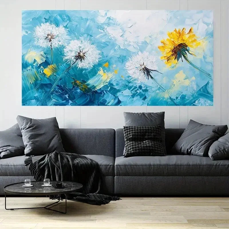 Dandelion Floral Blue Décor Wall Art Canvas Office Home Room Framed 120x60cm