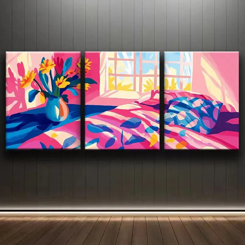 3pcs Illustration of Bedroom Colorful Perfect Wall Art Set Canvas Framed 40x60cm - High Quality Print 100% Australian Made Wall Canvas Ready to Hang