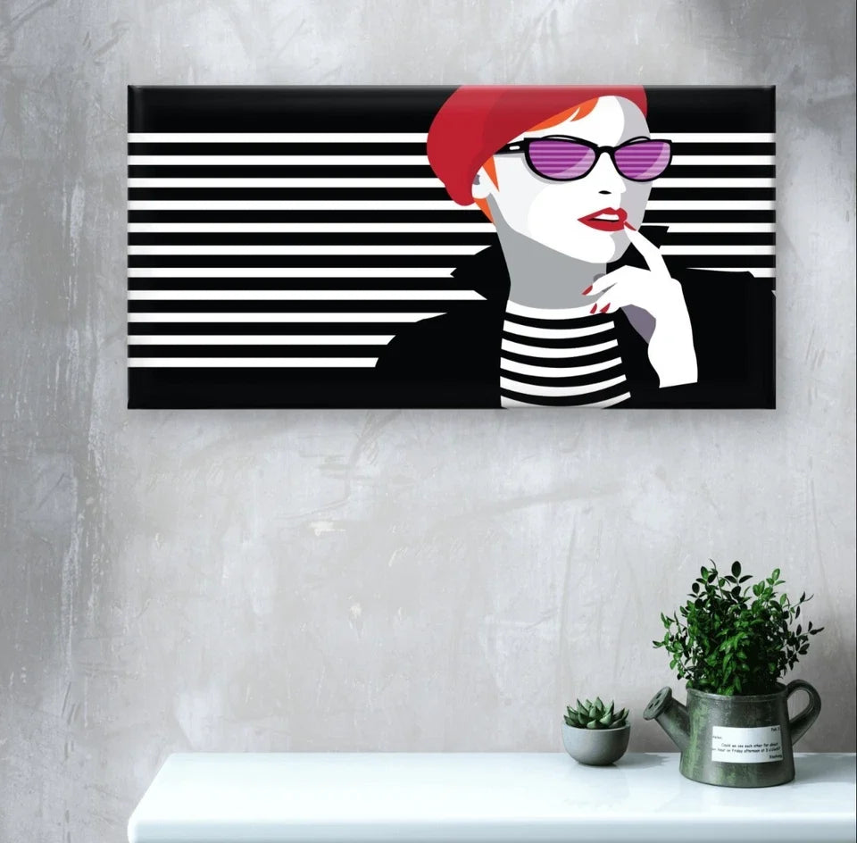 Pop Art Woman with Red Beret Wall Art Canvas Office Home Framed 120x60cm