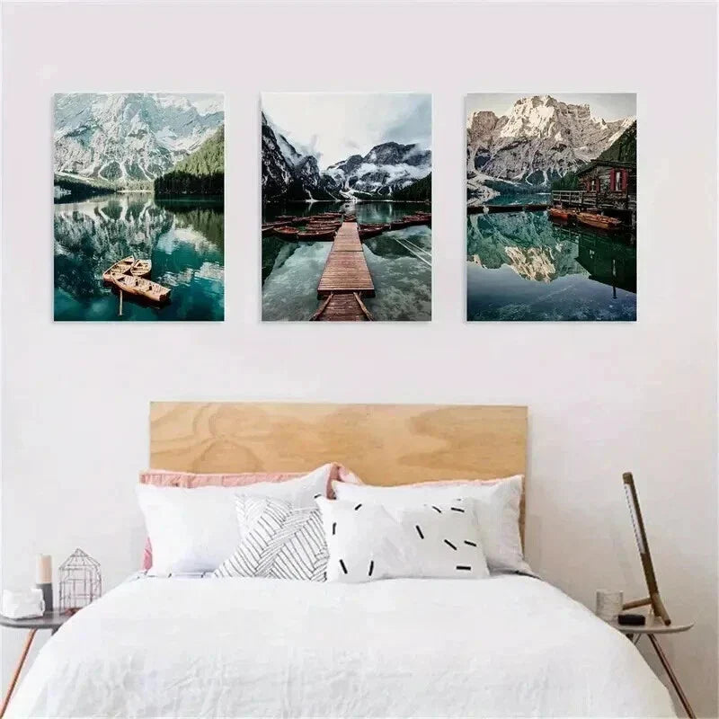 3pcs Mountain Lake Scenery with Canoes Wall Art Set Canvas Framed 40x60cm - High Quality Print 100% Australian Made Wall Canvas Ready to Hang