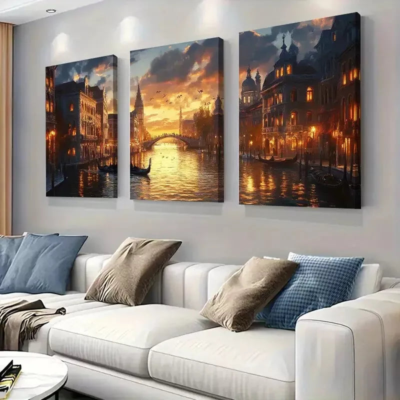 3pcs Venice Canals at Sunset Triptych Wall Art Set Canvas Framed 40x60cm - High Quality Print 100% Australian Made Wall Canvas Ready to Hang