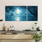 3pcs Blue Landscape with Full Moon & Trees  Wall Art Set Canvas Framed 40x60cm - High Quality Print 100% Australian Made Wall Canvas Ready to Hang