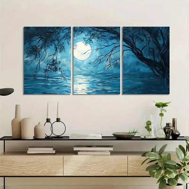 3pcs Blue Landscape with Full Moon & Trees  Wall Art Set Canvas Framed 40x60cm - High Quality Print 100% Australian Made Wall Canvas Ready to Hang