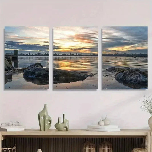 3pcs Sunset Reflections on Water Serene Coastal Metal Print Ready to Hang Art