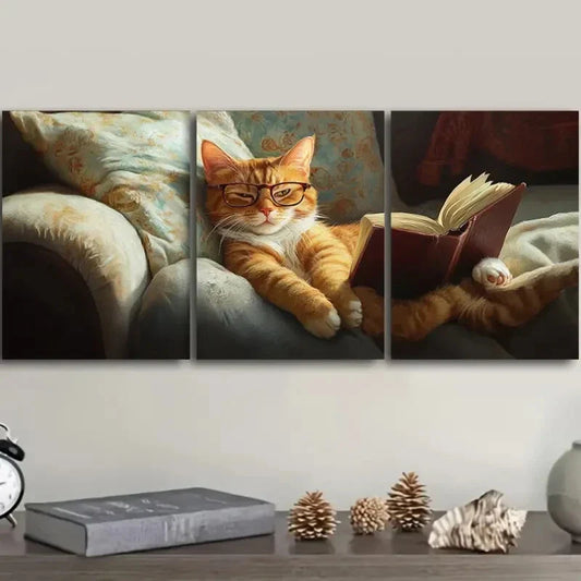 3pcs Classic Modern Cat Reading Metal Print Ready to Hang Art