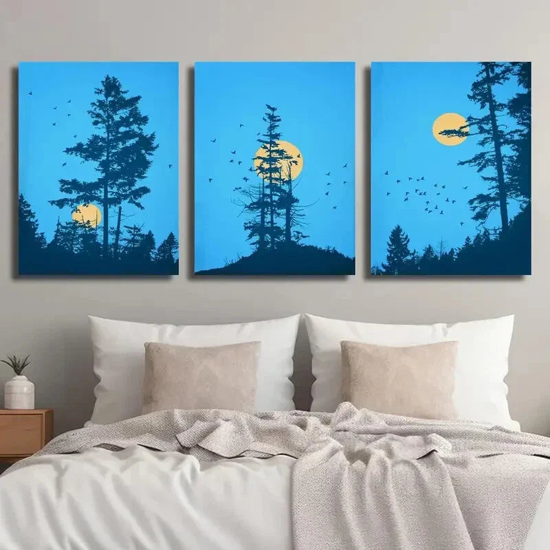 3pcs Landscape of Forest Trees and Birds Wall Art Set Canvas Framed 40x60cm - High Quality Print 100% Australian Made Wall Canvas Ready to Hang