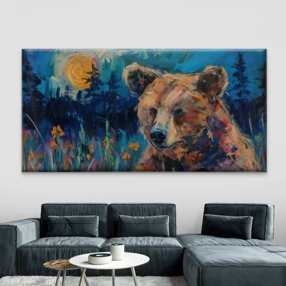 Abstract Bear in Forest Wall Art Canvas Office Home Room Framed 80x45cm