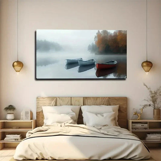 Boats and Misty Autumn Foliage Wall Art Canvas Office Home Room Framed 120x60cm