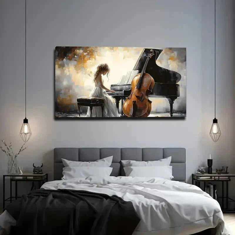 Young Girl Playing Piano Cello Wall Art Canvas Office Home Room Framed 120x60cm