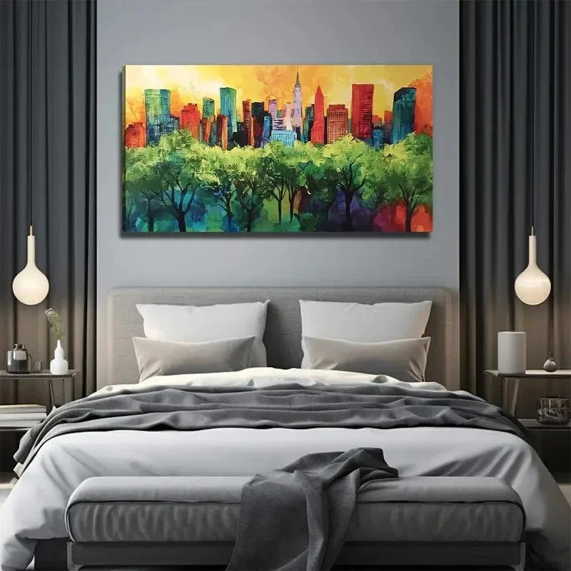 Modern Cityscape & Greenery Wall Art Canvas Office Home Room Framed 120x60cm