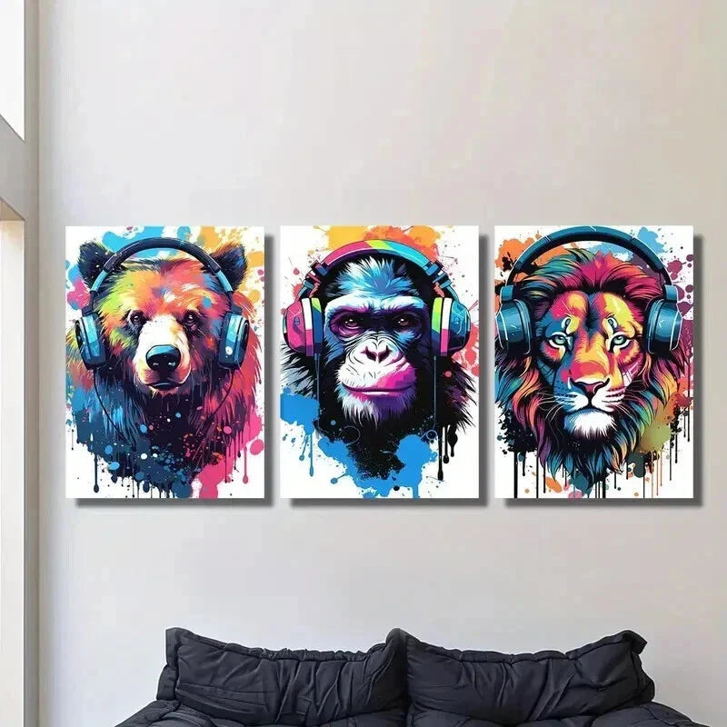 3pcs Lion Wolf Chimpanzee with Headphones Wall Art Set Canvas Framed 40x60cm - High Quality Print 100% Australian Made Wall Canvas Ready to Hang