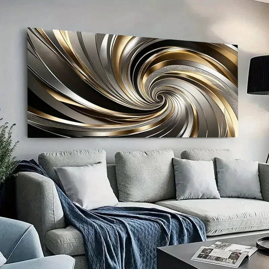 Abstract Silver & Golden Waves Wall Art Canvas Office Home Room Framed 120x60cm