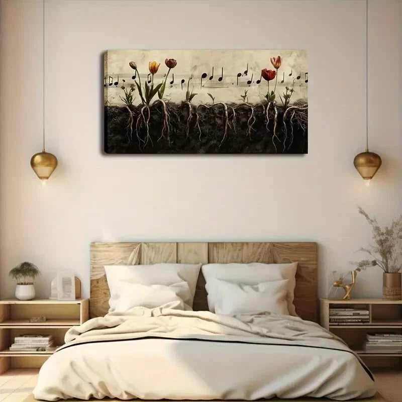 Vibrant Tulips & Music Notes Wall Art Canvas Office Home Room Framed 120x60cm