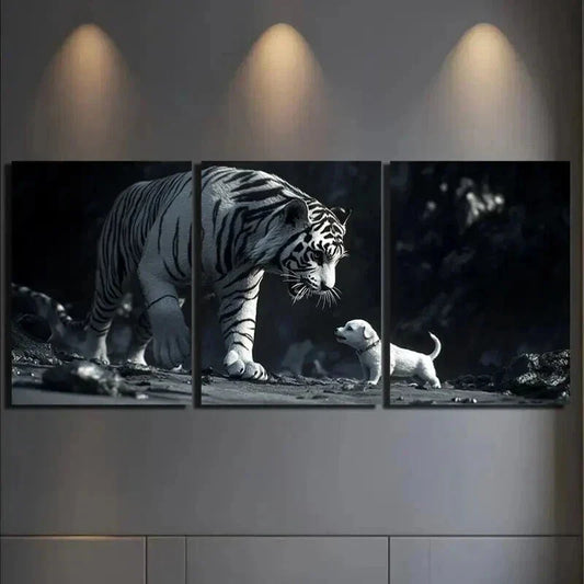 3pcs Black & White Tiger Puppy Decor Wall Art Set Canvas Framed 40x60cm - High Quality Print 100% Australian Made Wall Canvas Ready to Hang