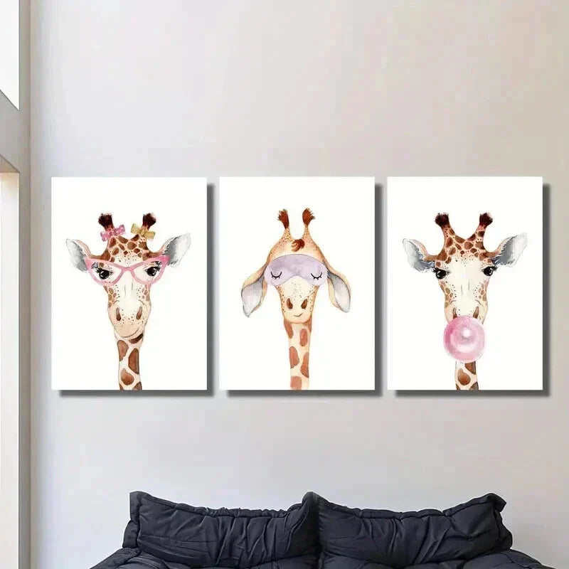 3pcs Giraffe Wearing Glasses Blowing Bubbles Wall Art Set Canvas Framed 40x60cm - High Quality Print 100% Australian Made Wall Canvas Ready to Hang