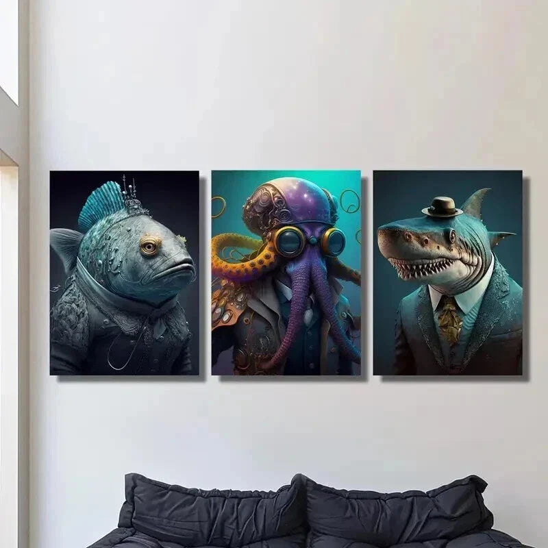 3pcs Oceanic Octopus Dolphin Fish in Suits Wall Art Set Canvas Framed 40x60cm - High Quality Print 100% Australian Made Wall Canvas Ready to Hang