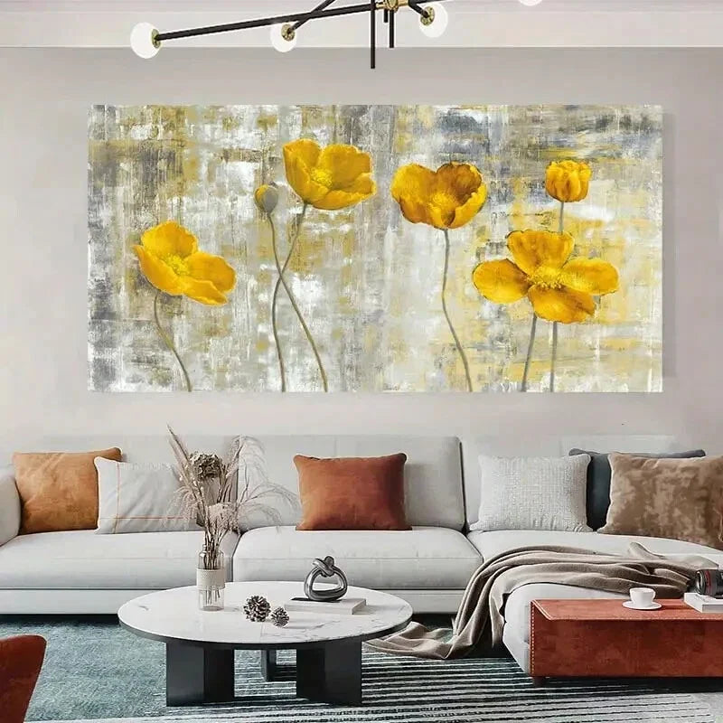 Abstract Yellow Flower Art wall canvas office home room framed 120x60cm