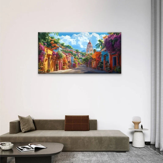 Street Colorful Flower Building Wall Art Canvas Office Home Room Framed 80x45cm