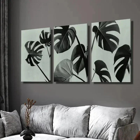 3pcs Black & White Botanical Monstera Leaf Wall Art Set Canvas Framed 40x60cm - High Quality Print 100% Australian Made Wall Canvas Ready to Hang