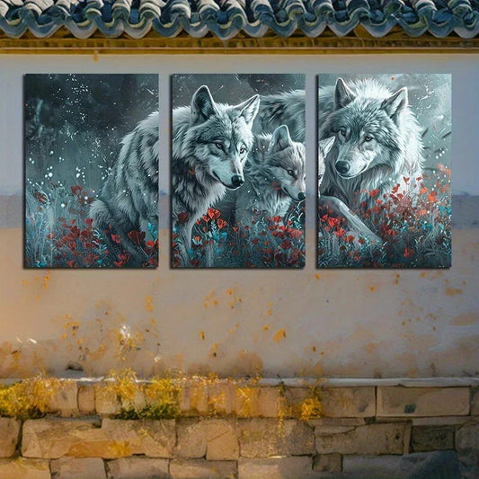 3pcs Vibrant Red Flowers and Snowy Mother Wolf Metal Print Ready to Hang Art