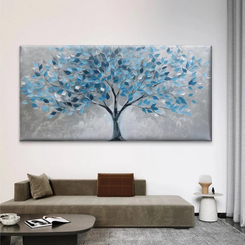 Blue &Leaf Design Abstract Tree Wall Art Canvas Office Home Room Framed 80x45cm