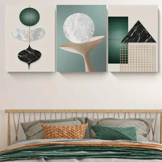 3pcs Abstract Geometric Green Black Metal Print Ready to Hang Art