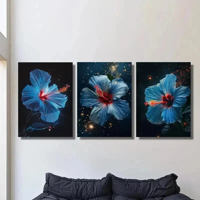 3pcs Blue Hibiscus Flower with Starry Night Wall Art Set Canvas Framed 40x60cm - High Quality Print 100% Australian Made Wall Canvas Ready to Hang