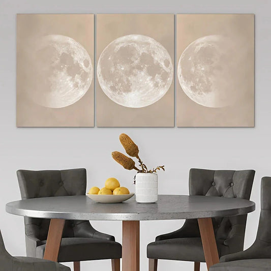 3pcs Full Moon Minimalist Beige and Black Metal Print Ready to Hang Art