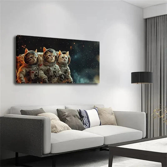 Three Cats Space with Vibrant Wall Art Canvas Office Home Room Framed 120x60cm