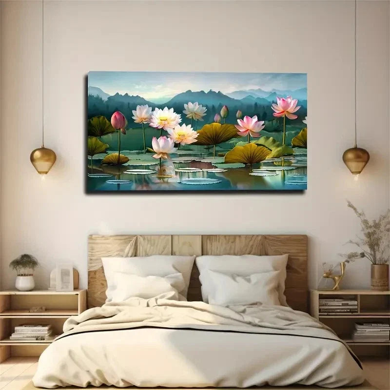 Vibrant Lotus Flower Wall Art Canvas Office Home Room Framed 80x45cm