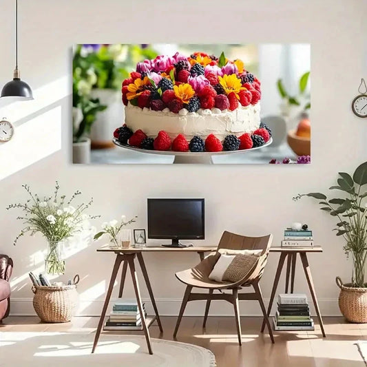 Flowers Berries Cake Dessert Wall Art Canvas Office Home Room Framed 120x60cm