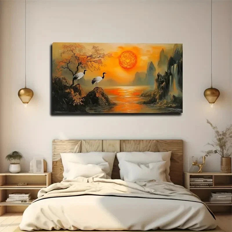 Tranquil Landscape With Cranes Wall Art Canvas Office Home Room Framed 80x45cm