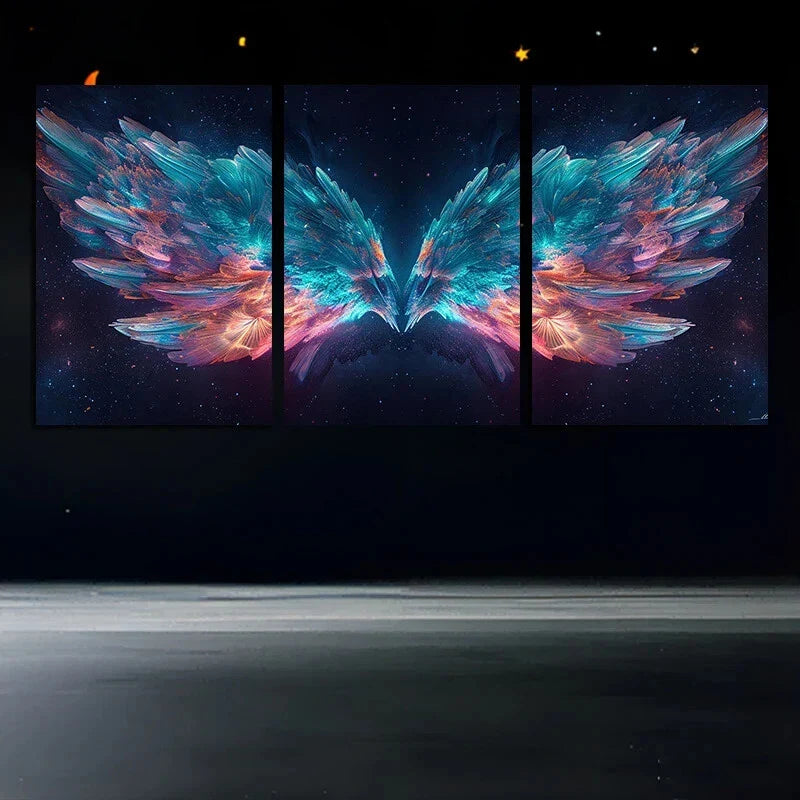 3pcs Decorative Wings Pink Blue & Golden Metal Print Ready to Hang Art