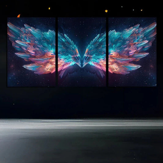 3pcs Decorative Wings Pink Blue & Golden Metal Print Ready to Hang Art