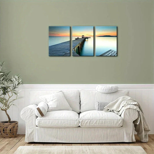 3pcs Bridges Over Sea Sunset Vibrant Orange & Blue Metal Print Ready to Hang Art