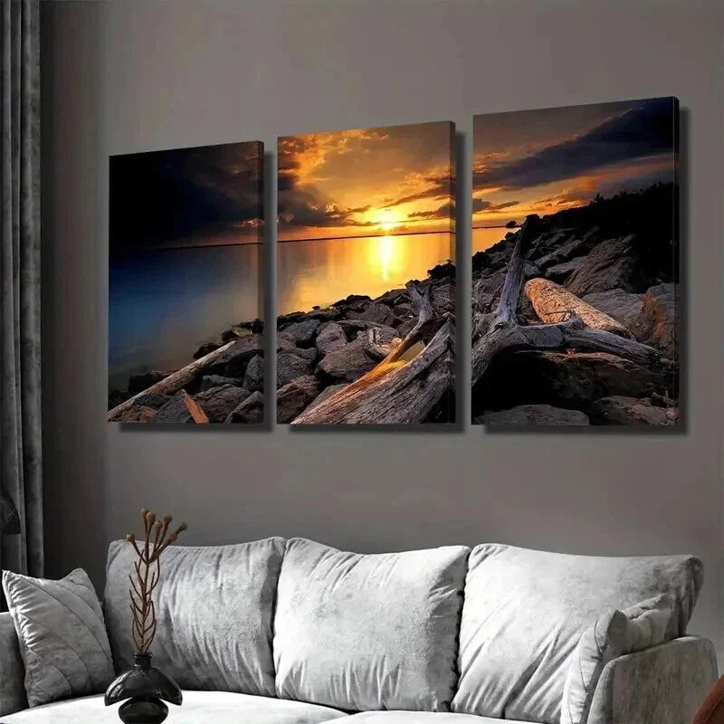 3pcs Sunset Beach Serene Ocean & Rocky Shoreline Wall Art Set Canvas Framed 40x60cm - High Quality Print 100% Australian Made Wall Canvas Ready to Hang