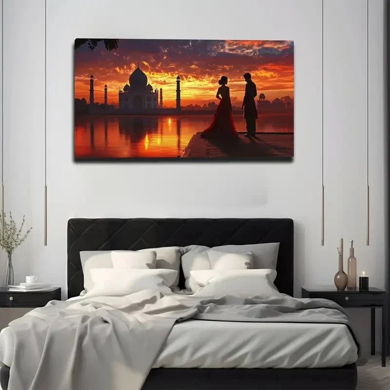 Taj Mahal Sunset Wall Art Canvas Office Home Room Framed 80x45cm